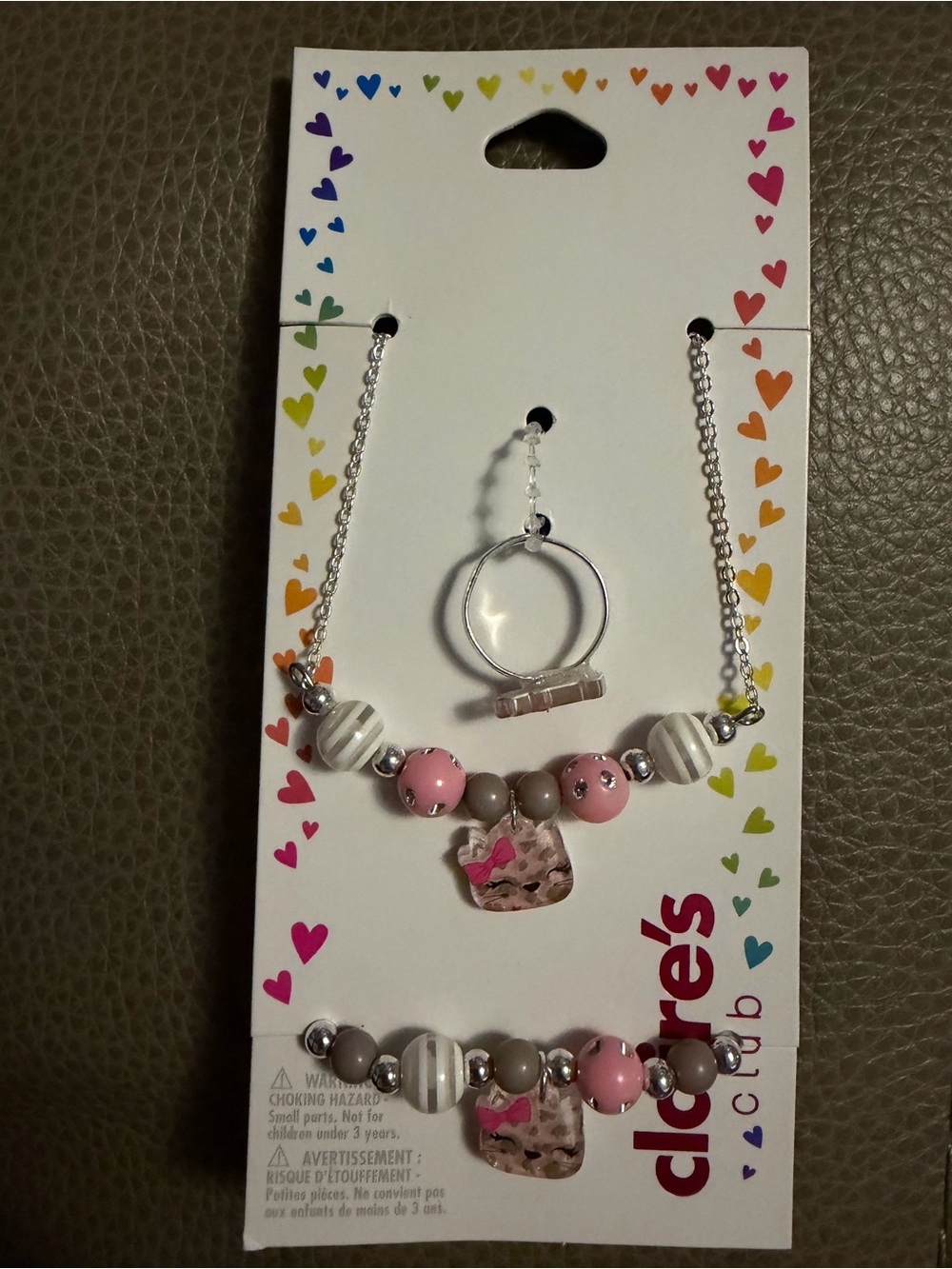 Claire’s Children's Pink Cat Pendant Necklace and Bracelet Set